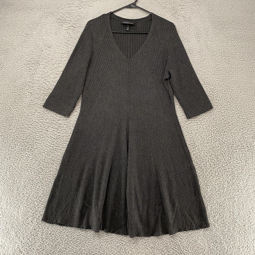 Lane Bryant Sweater Dress Womens 18/20 Gray Ribbed Fit Flare V Neck Knee Length